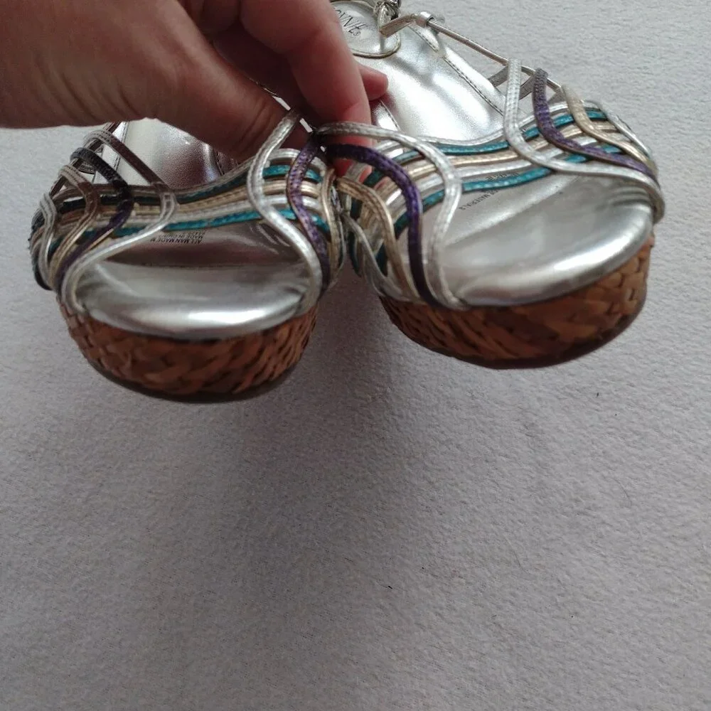 Connie Metallic Strappy Slingback Wedge 8.5 M Silver Straw Sandals - Picture 9 of 11